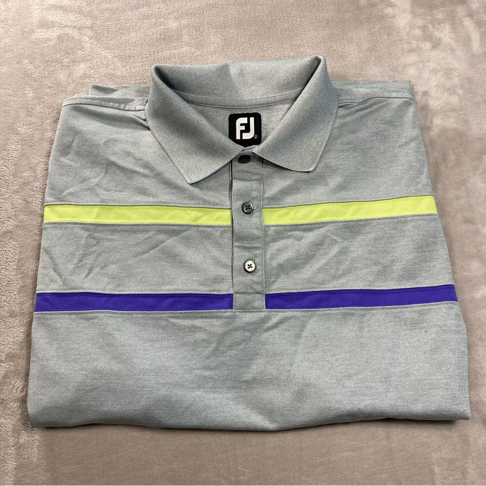 FootJoy Golf Striped Grey Green Blue Striped Polo Shirt Men's Sz L